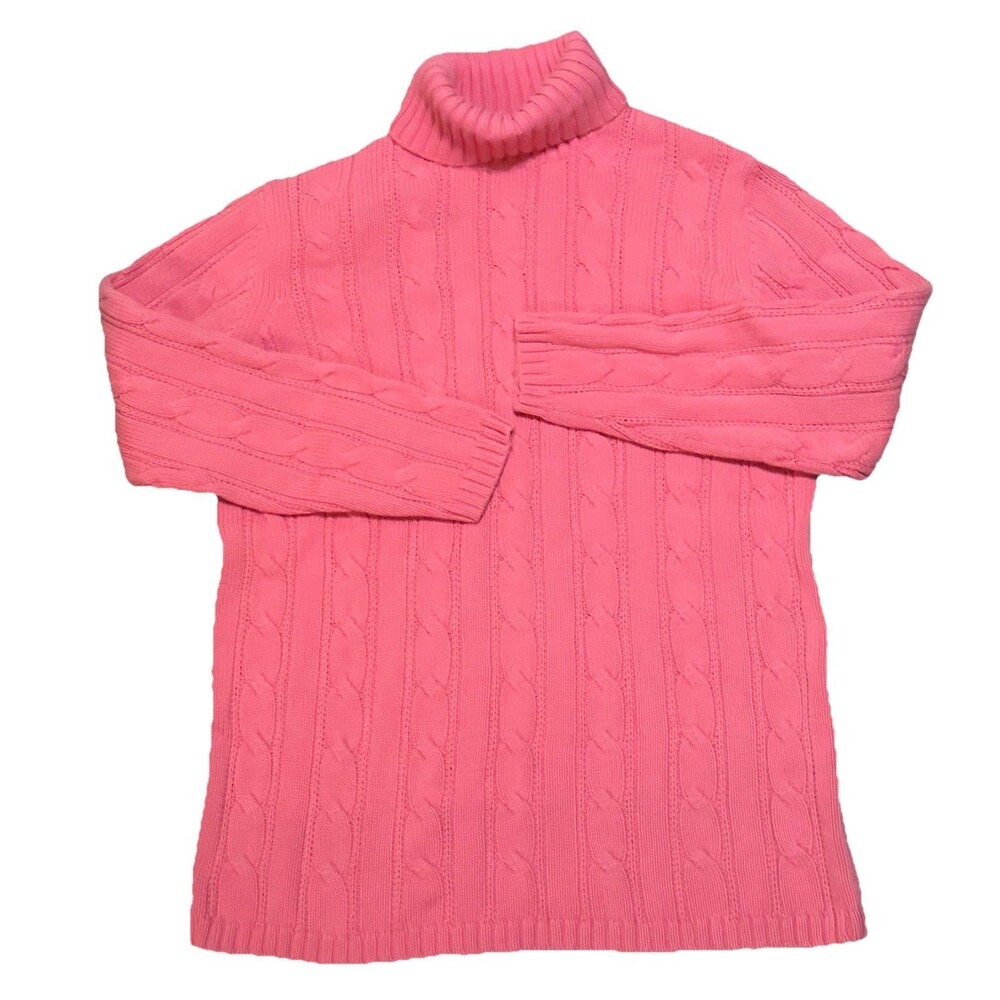 Lands End Cable Knit Turtleneck Sweater Womens Small Aran Fisherman Pink